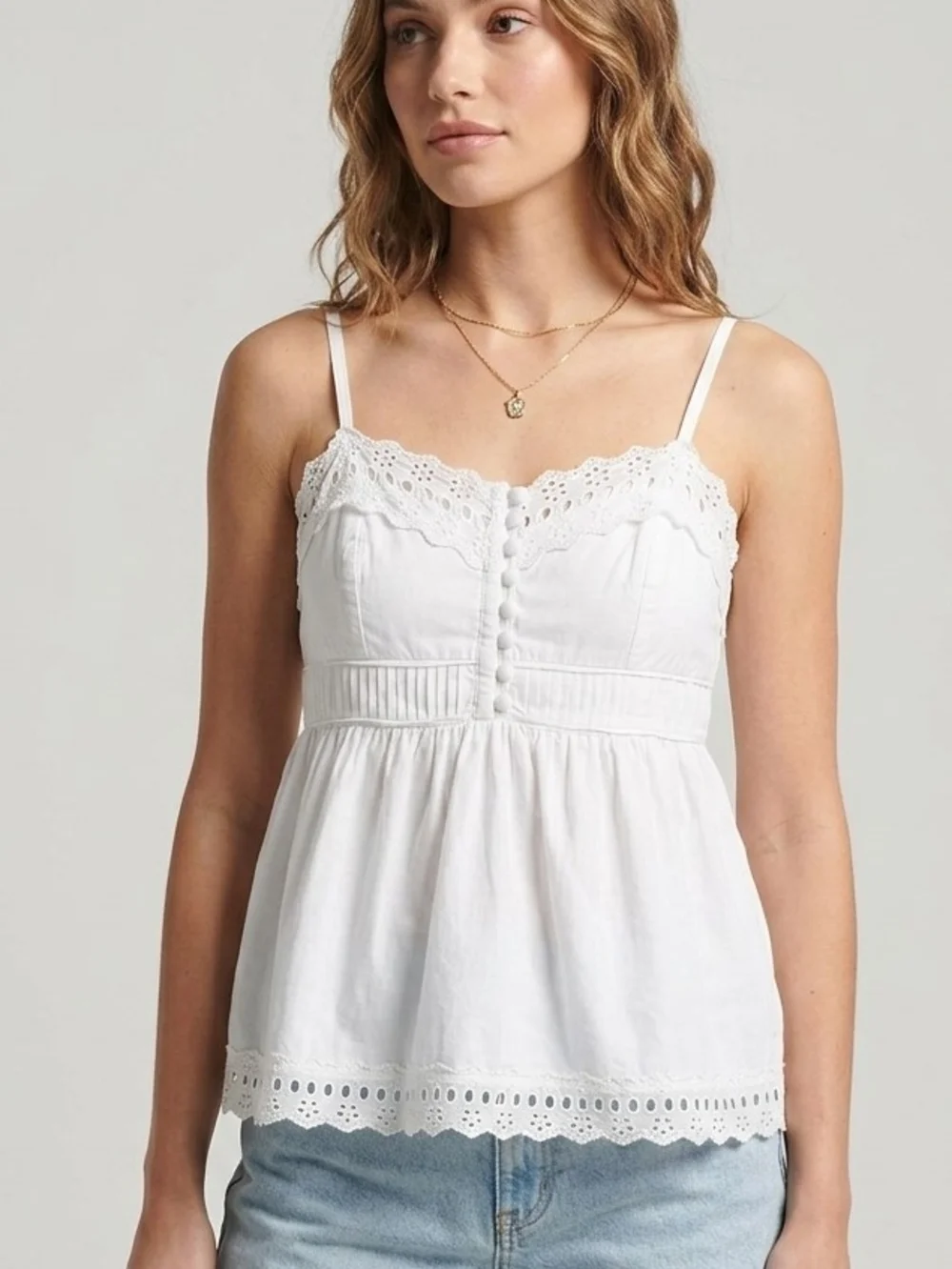 J. Crew White Cotton Eyelet-Trim Camisole